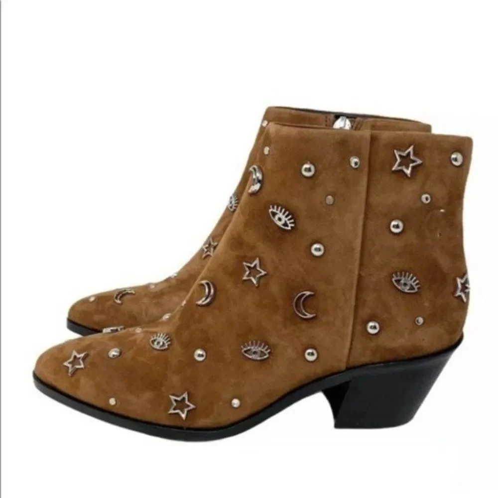 Rebecca Minkoff Booties WMNS 5.5 Brown Suede Studded Celestial Lizzie Stars Moon